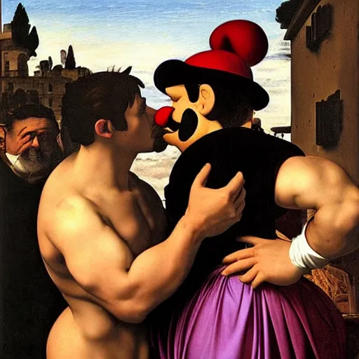 Prompt: thicc Mario kissing thicc Waluigi in Rome, Caravaggio, 8k