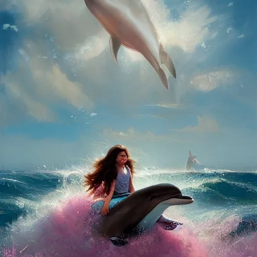 Image similar to a girl with long brown hair riding a dolphin through fluffy pink clouds, Greg Rutkowski, dynamic lighting, cheerful, award-winning oil painting,