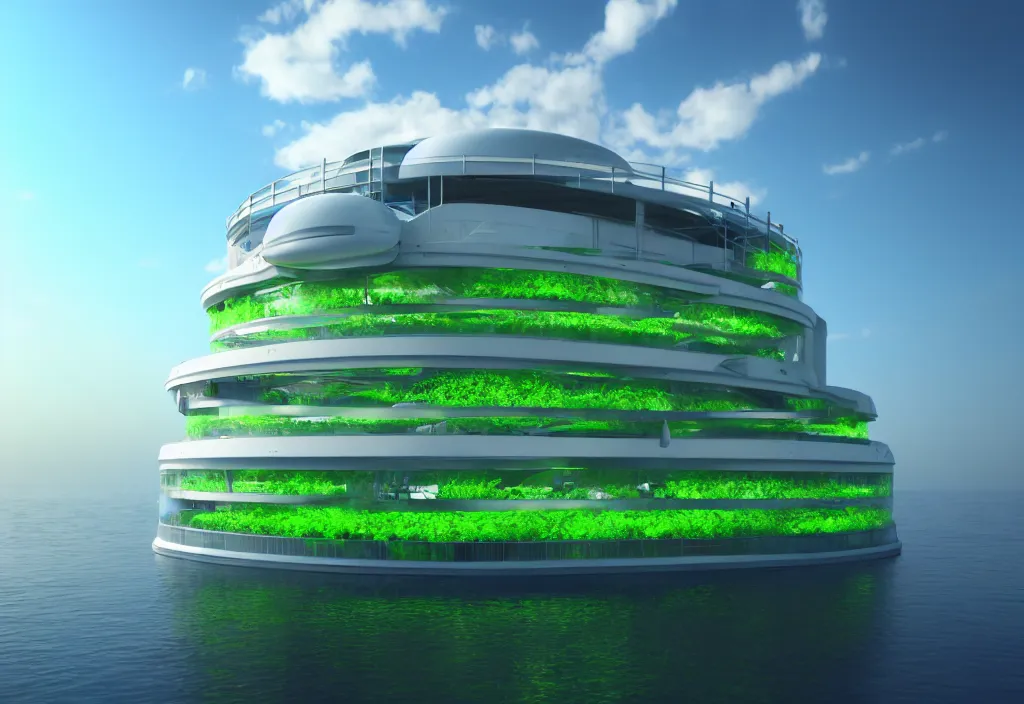Prompt: futuristic cruise ship with vertical farm, algae glass walls, octane render, 4 k, bondfire, anime sky