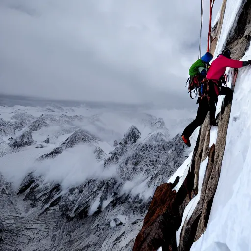 Image similar to two climbers trying to climb to the top of the world with an avalanche that sweeps them away , photo