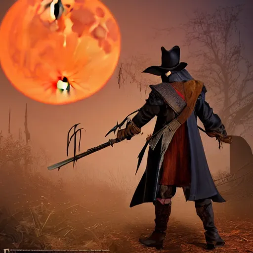 Image similar to a detailed 3 d render of darkwing duck dressed as the hunter from bloodborne, let's get dangerous, in the style animation of darkwing duck, digital art, dark fantasy, concept art, soulslike, by alphonse mucha, blood moon eclipse, wherewolves in a ruined building in the background, artstation, 8 k, unreal engine render