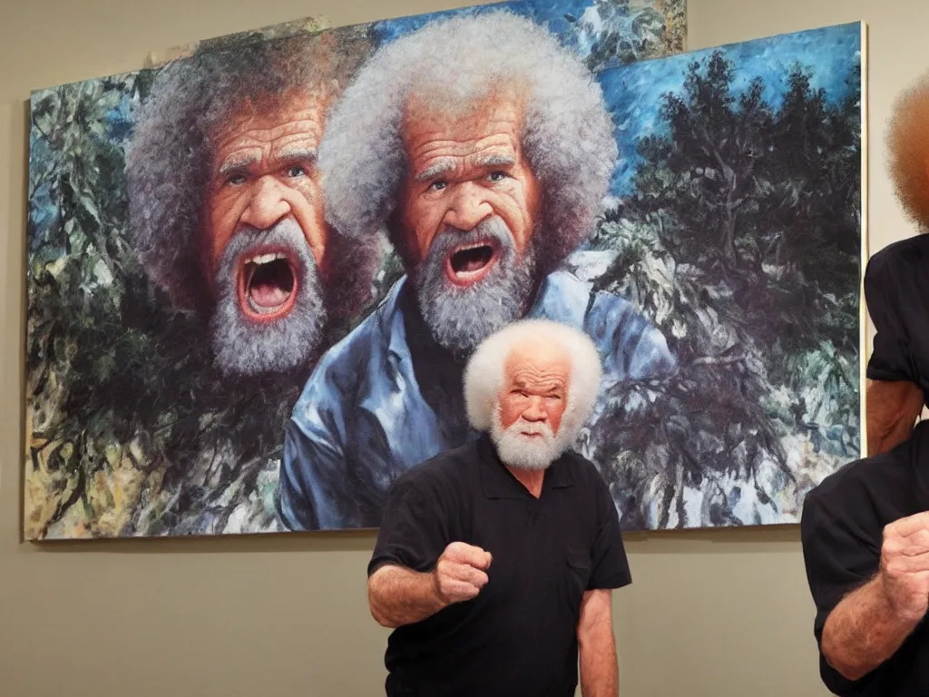 Image similar to old bob ross is sad and angry and yelling at a huge painting by bob ross