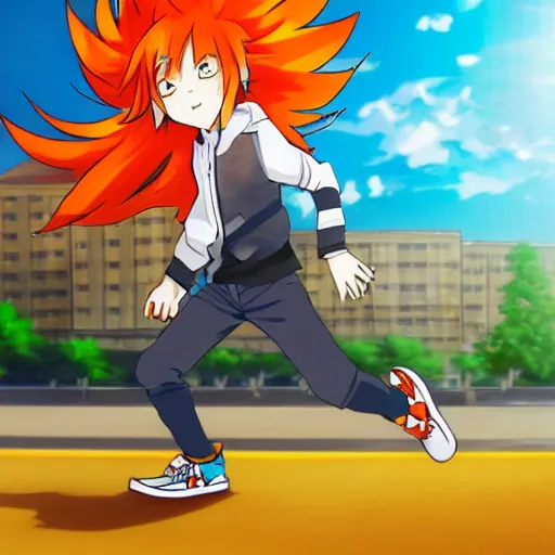 Image similar to orange - haired anime boy, 1 7 - year - old anime boy with wild spiky hair, wearing red jacket, running past colorful building, red - yellow - blue colored building, turquoise aquamarine windows, strong lighting, strong shadows, vivid hues, ultra - realistic, sharp details, subsurface scattering, intricate details, hd anime, 2 0 1 9 anime