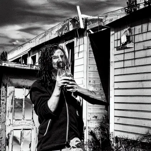 Prompt: crusty train punk drinking a 40oz malt liquor outside an abandoned home, black and white high definition photograph