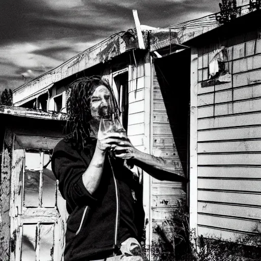 Image similar to crusty train punk drinking a 40oz malt liquor outside an abandoned home, black and white high definition photograph