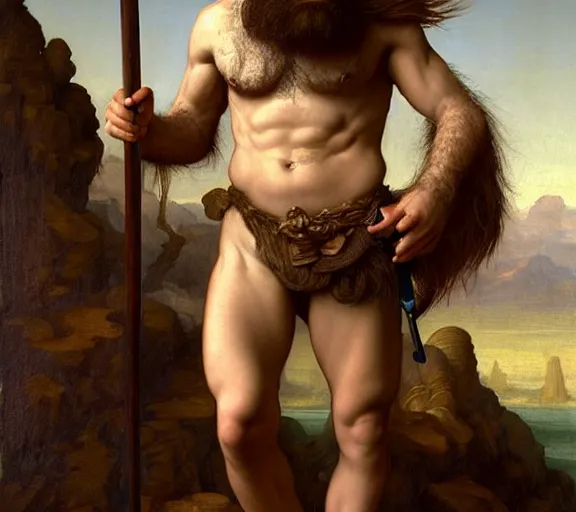 Image similar to renaissance painting full body portrait of a gruff ranger with a spear, lean and toned, handsome face, hairy chest and hairy body, D&D, intricate, elegant, highly detailed, digital painting, artstation, concept art, matte, sharp focus, chiaroscuro, well list, illustration, art by Artgerm and Greg Rutkowski and Alphonse Mucha