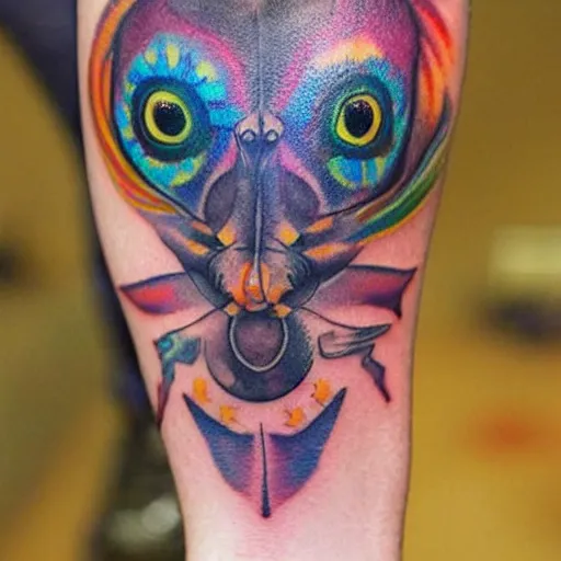 Image similar to shoulder tattoo of a multicolored psychedelic cute galago, eyes are colorful spirals, surrounded with colorful sparkeling flowers and irisdescent marihuana leaves, insanely integrate