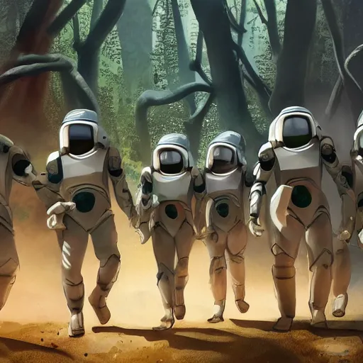 Image similar to a squad of space scouts and a tall robot wearing camo uniforms with white armor and helmets exploring a forest planet