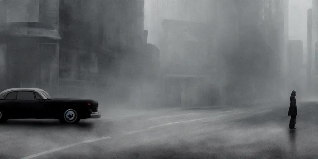 Image similar to a noir film scene, single character, old car, mist, foggy, mysterious, by yoji shinkawa