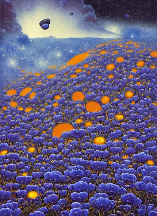 Image similar to detailed, intricate blue black and purple papaverum flower on the field, nebula, galaxy in the sky, winning award masterpiece, fantastically beautiful, illustration, aestheticly inspired, jacek yerka, upscale with anguissola sofonisba work, artstation, 8 k