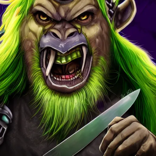 Image similar to super detailed portrait of a of a Dungeons and Dragons bugbear with green hair and purple eyes he looks angry at his knife, Fantasy, 4k, HD, DnD