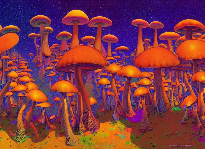 Prompt: A psychedelic portrait of you are attacked by a group of crooked mushroom theurges , vibrant color scheme, highly detailed, in the style of romanticism, cinematic, artstation, Moebius, Greg rutkowski futurism, no blur, 4k resolution, sharp ages, ultra detailed, style of John Berkey, Norman Rockwell, Hans Thoma, Ivan Shishkin, Tyler Edlin, Thomas Kinkad