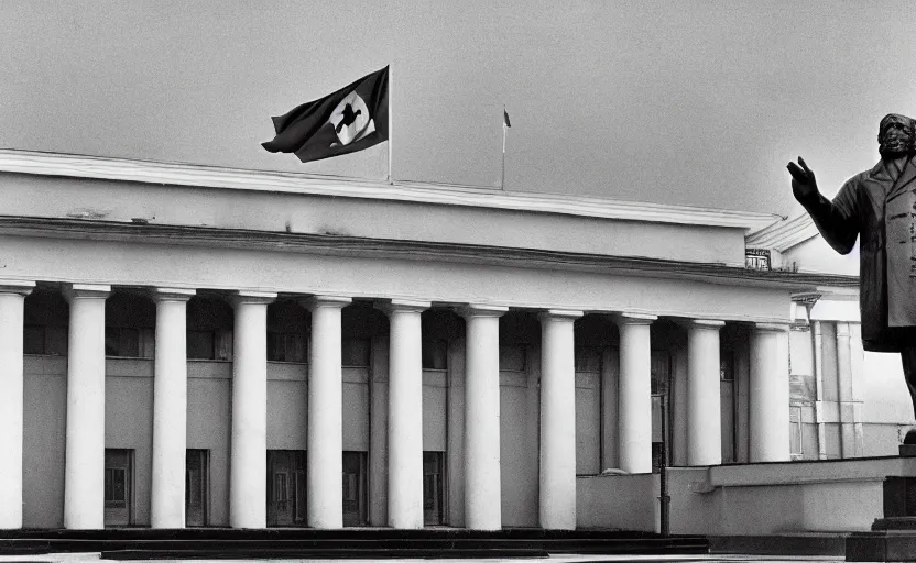 Image similar to 60s movie still of a CCCP congress with soviet flags and a bronze statue of Karl Marx stanilist style palace interior, by Irving Penn , cinestill 800t 35mm black and white, heavy grainy picture, very detailed, high quality, 4k, HD criterion, precise texture