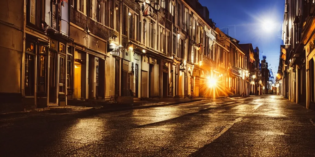 Image similar to night photo with sunlit street