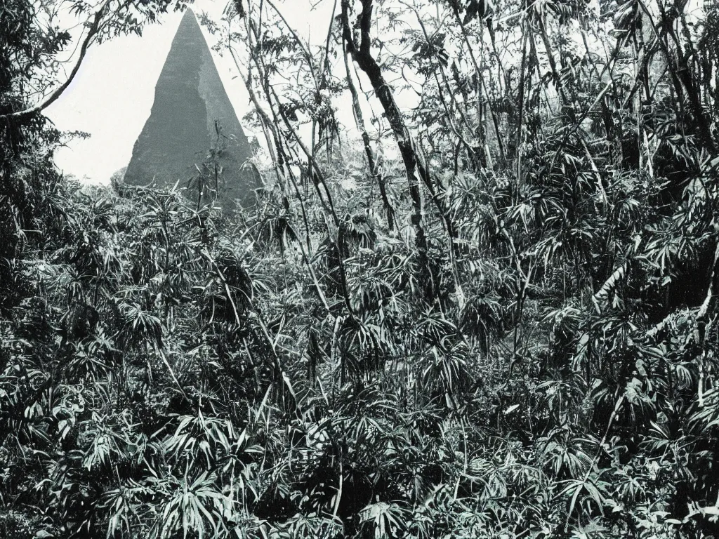 Prompt: old photo of black pyramid in a jungle, green tint