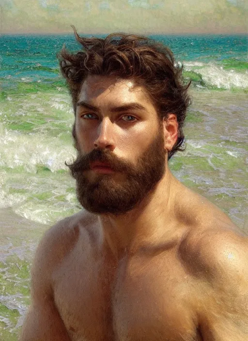 Prompt: detailed cinematic wide shot of muscular attractive young aztec man beard slim face symmetrical face tanskin green eyes white hair wearing sea clothes, detailed intricate priceless gems, ultra realistic, spring light, painting by gaston bussiere, craig mullins, j. c. leyendecker