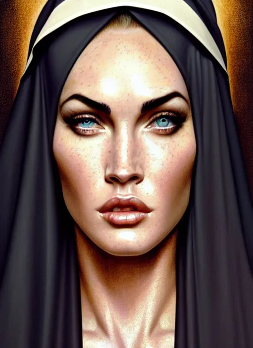 Image similar to portrait of megan fox as a nun with face tattoos, catholic, church, bible, christian, intricate, headshot, highly detailed, digital painting, artstation, concept art, sharp focus, cinematic lighting, illustration, art by artgerm and greg rutkowski, alphonse mucha, cgsociety