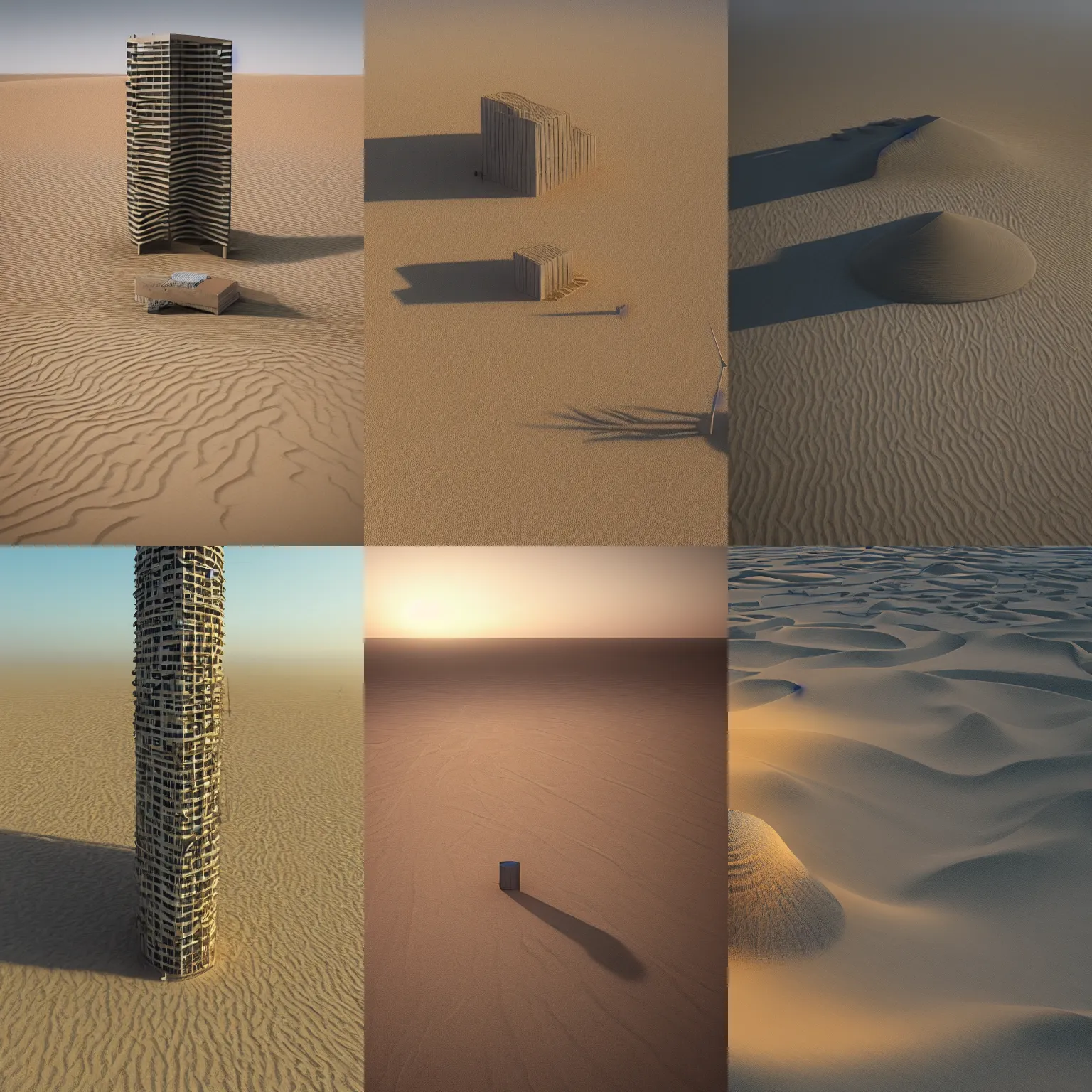 Prompt: solitary tall eco building in a sandy desert, sand swirls, misty, trending on art station, global illumination, radiant light, detailed and intricate environment