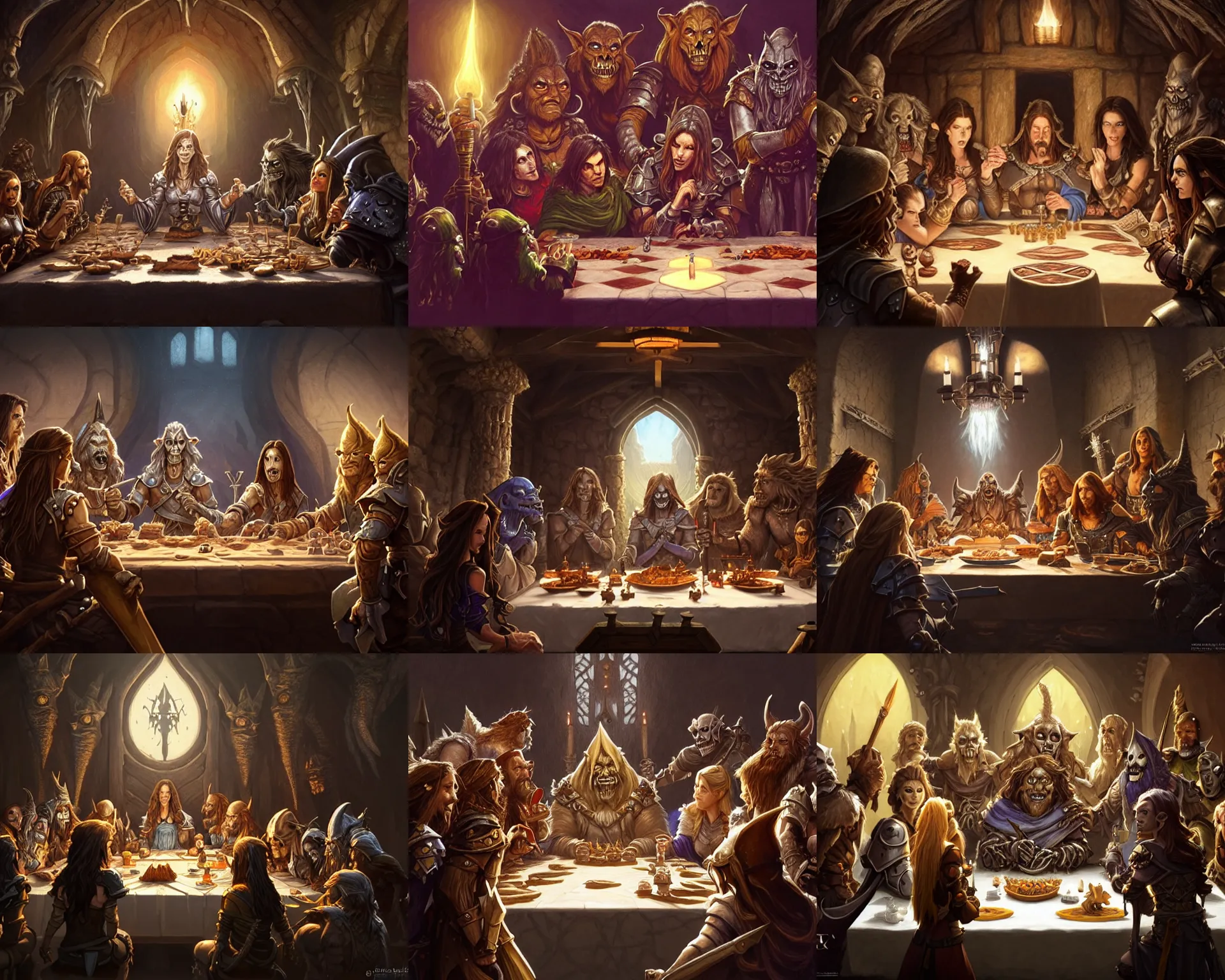 Prompt: dnd last supper, kate beckinsale as paladin at center, goblin, mage, skeleton, orc, troll, golem, 8 k, deep focus, d & d, fantasy, intricate, elegant, highly detailed, digital painting, artstation, concept art, matte, sharp focus, illustration, hearthstone, art by greg rutkowski and alphonse mucha