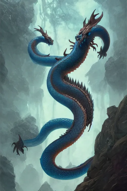 Image similar to cyan dragon - snake hybrid, antlers, disgruntled scales, claws, fantasy, magic, complete, detailed, digital painting, trending on artstation, matte painting by greg rutkowski keita okada antonio j. manzanedo