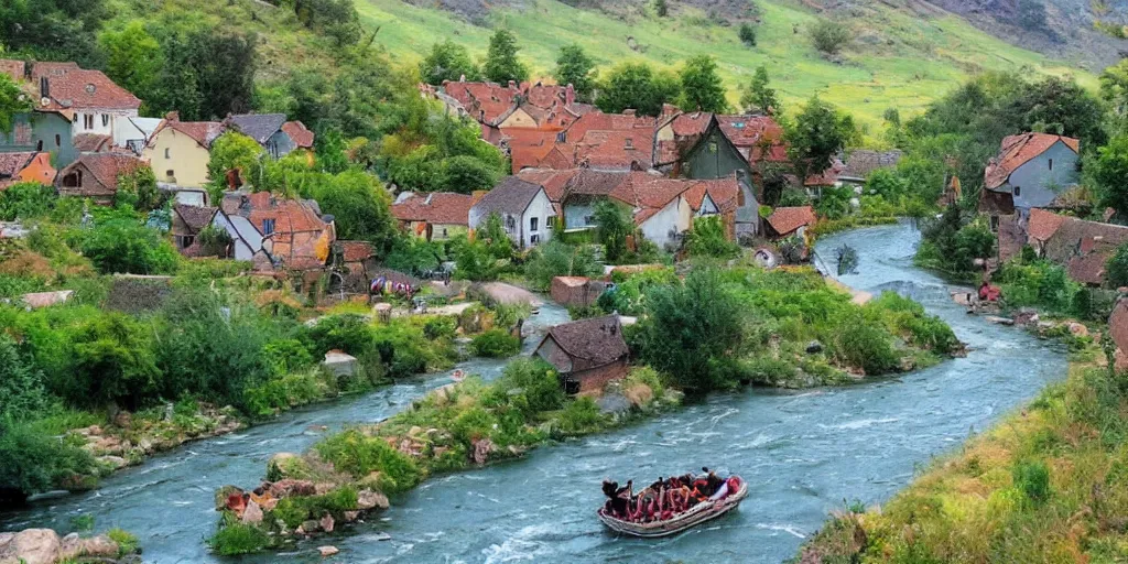 Prompt: a river winding through a small village, in the style of march comes in like a lion!, stylized, vibrant, warm