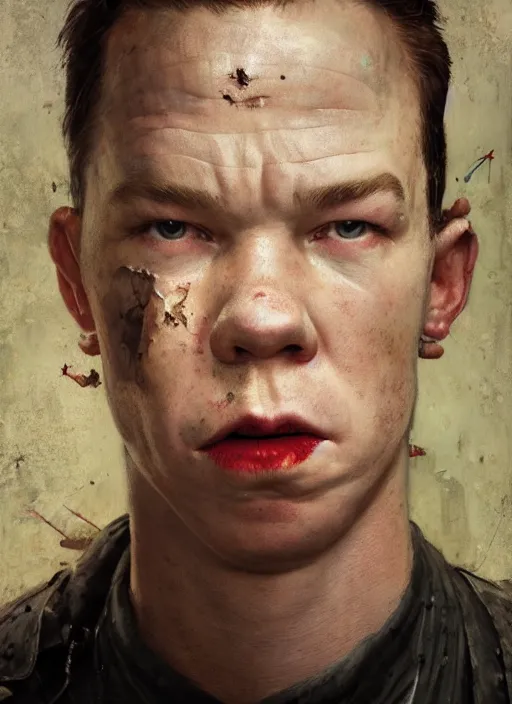 Prompt: a epic norman rockwell painting portrait still of will poulter as the punisher, moebius, greg rutkowski, zabrocki, karlkka, jayison devadas, phuoc quan, trending on artstation, 8 k, ultra wide angle, video game graphics, realistic unreal engine 3 d game, zenith view, cyberpunk pincushion lens effect