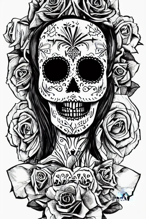 Prompt: illustration of a sugar skull day of the dead girl, art by antoni piotrowski