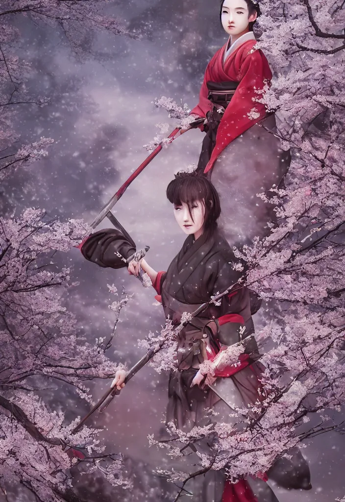 Image similar to detailed matte painting of girl samurai in hakama with swords and rifles, in snow forest sakura cherry blossom, taisho roman, by wlop and krenz kushart, elite, elegant, luxury, perfect face, fine details