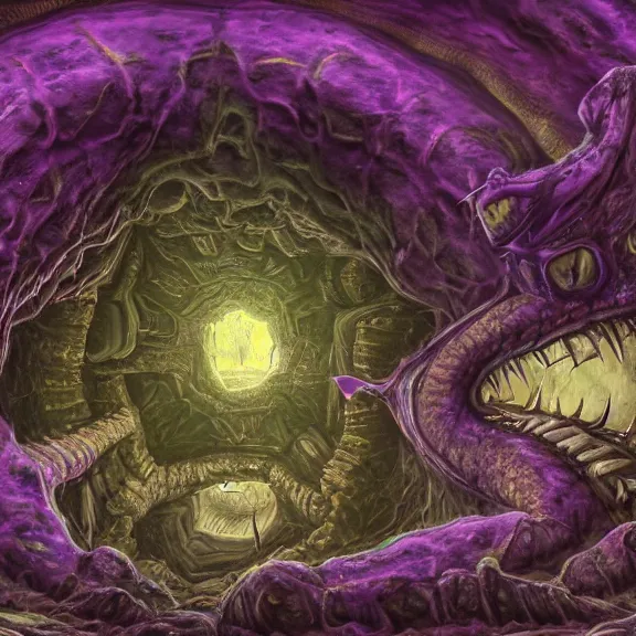 Prompt: detailed shot of inside a cavernous living stomach, the walls purple and pulsing, lots of acid pooling up on the floor, digesting and dissolving a small dragon, food pov, micro pov, vore, digital art, furry art, anthro art, high quality, 8k 3D realistic, macro art, micro art, Furaffinity, Deviantart, Eka's Portal, G6