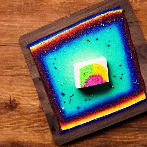 Prompt: photograph of a rainbow marshmallow cube with sprinkles on a dark wooden chopping board, hessian cloth, styled food photography, photorealistic, 4 k