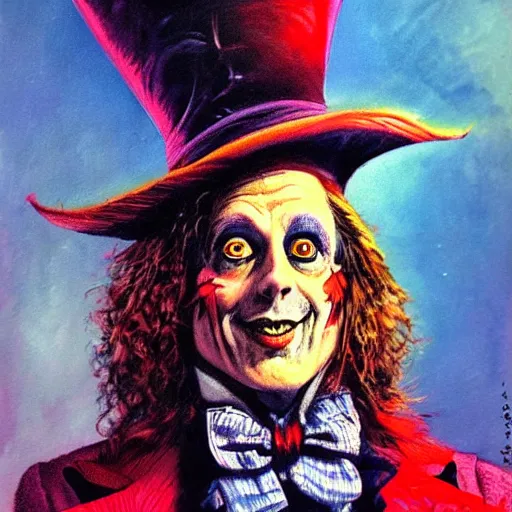 Prompt: a portrait of the mad hatter in wonderland, by basil gogos and phillipe druillet and paul lehr, trending on artstation hq, deviantart, pinterest, 4 k uhd image