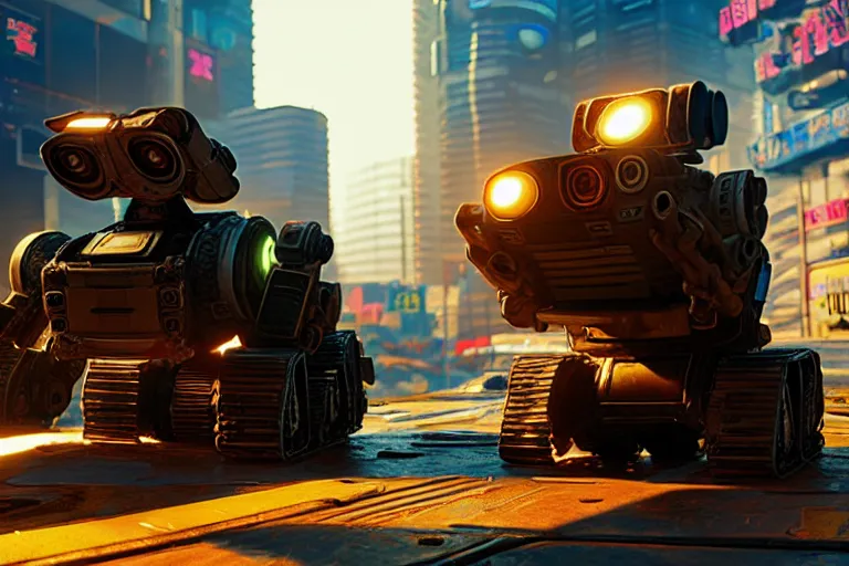 Image similar to wall - e in cyberpunk 2 0 7 7, heavy detailed, ultra high definition quality, super mario 6 4 game engine graphics