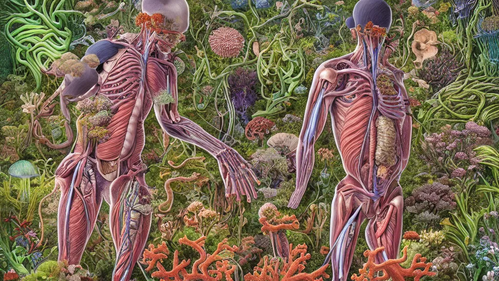 Image similar to highly detailed illustration of a human anatomy body exploded by all the known species of plants, flowers, corals and mushrooms by juan gatti, by makoto shinkai, by moebius!, by oliver vernon