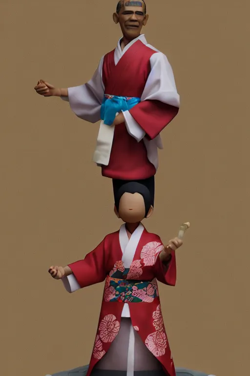 Image similar to full body 3d render of barack obama as an anime figurine wearing a beautiful kimono, shinto shrine, blender, trending on artstation, 8k, highly detailed, bokeh, depth of field