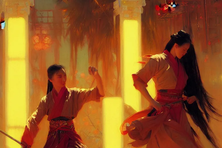 Image similar to wuxia, summer, neon light, painting by gaston bussiere, craig mullins, j. c. leyendecker