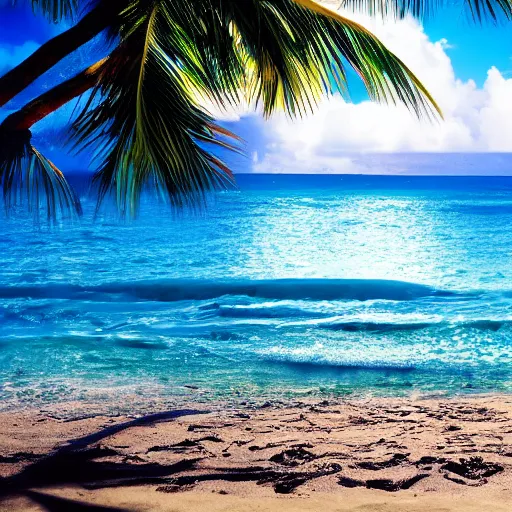 Image similar to Artstation art of a beautiful beach with fantastic luxury blue colors on the beach of hawaii, UHD quality, stunning beauty, incredible light from the Sun, award-winning beauty