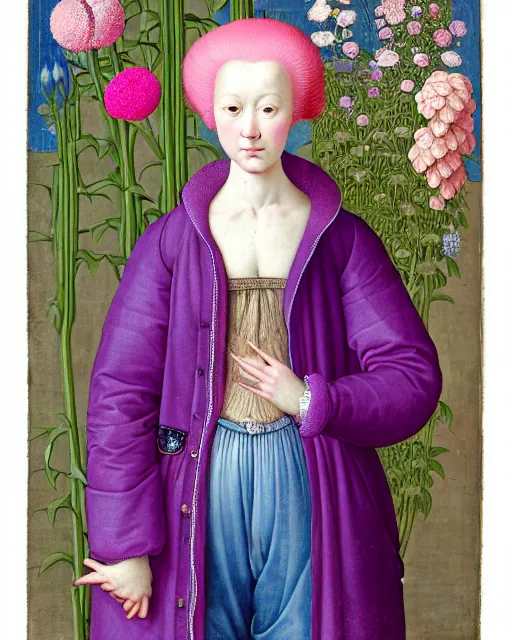 Image similar to portrait of a woman with pink hair buns, wearing a blue puffer jacket and baggy jeans, standing in a room full of plants and flowers, white background, intricate details, high detail, in the style of rogier van der weyden and jacopo da pontormo, punk, asian art,