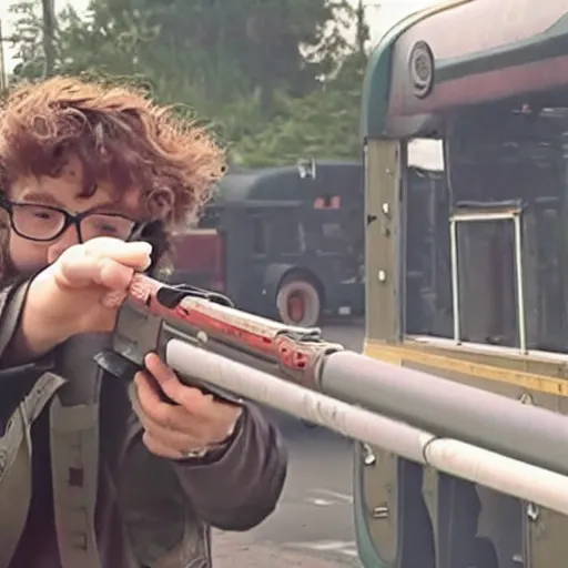 Image similar to sam hyde firing a rpg into a city bus, 4 k, realistic, serious, gritty, sam hyde