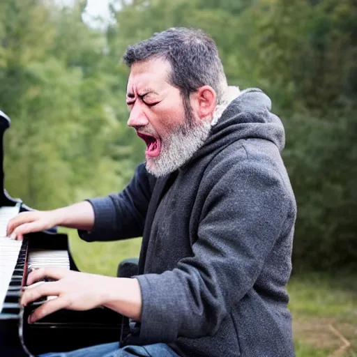 Image similar to a crying man plays piano while shouting at an iPhone