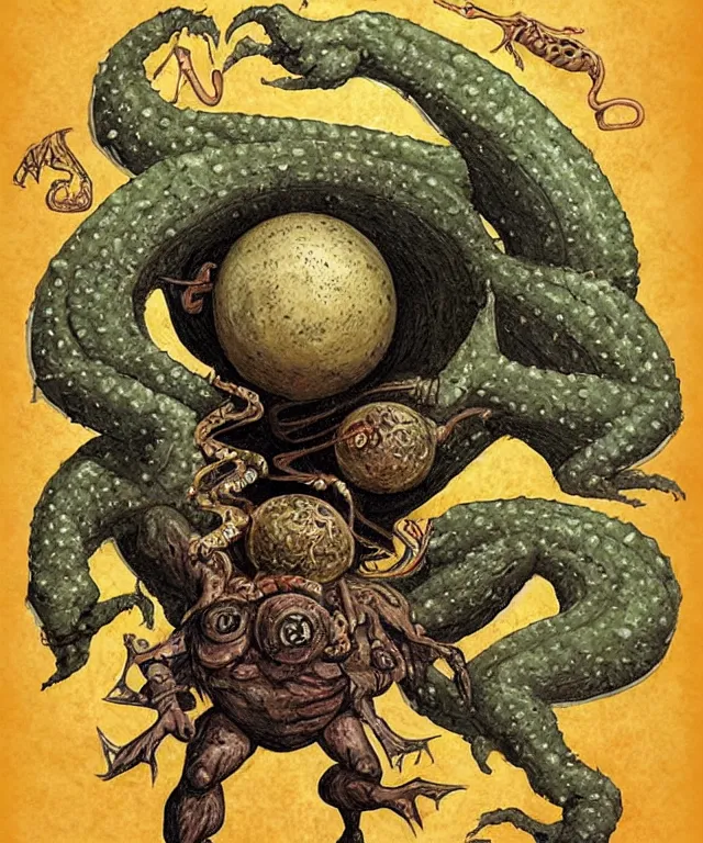 Image similar to hziulquoigmnzhah, the god of cykranosh, ziulquag - manzah has a spheroid body, elongated arms, short legs, and a pendulum - like head dangling underneath. he is the brother of ghisguth, and uncle of tsathoggua, art by keith thompson and christopher lane