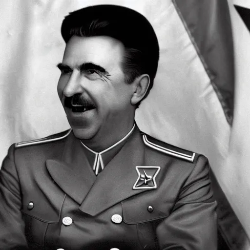 Image similar to hyper realist photograph of staline smiling and biting his lip seductively with the ussr flag behind him, close up, face picture, 4 k, very detailed