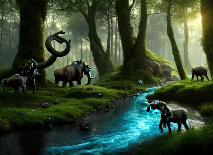 Image similar to hyperrealism, detailed textures, photorealistic, 3 d render, a surreal mystical forest with a bright blue winding creek with a herd of wooly mammoths grazing, ultra realistic cinematic, intricate, cinematic light, concept art, illustration, art station, unreal engine