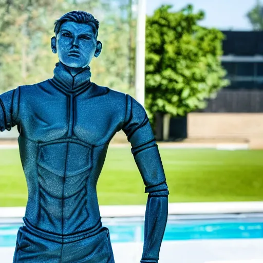 Prompt: a realistic detailed photo of a guy who is an attractive humanoid who is half robot and half humanoid, who is a male android, soccer player martin ødegaard, shiny skin, posing like a statue, blank stare, by the pool, on display, showing off his muscles, humanoid robot, frozen ice statue, made of ice