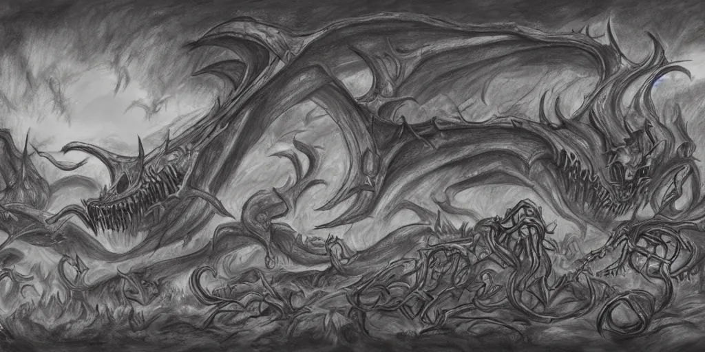 Prompt: a High quality landscape drawing of a plane of hell for eldritch beasts