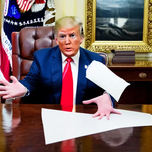 Image similar to candid portrait photo of president trump at his desk eating crumpled up papers shoving them in his mouth, detailed portrait, 4 k, megapixel, sony a 7 s, f / 8, 2 4 mm lens