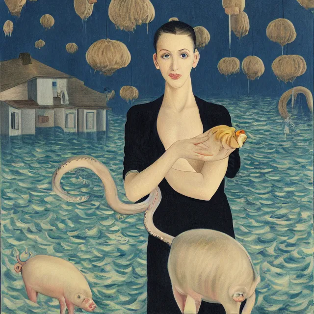 Image similar to tall female emo artist holding a pig in a flooded cafe, octopus, water gushing from ceiling, painting of flood waters inside a cafe, a river flooding indoors, pomegranates, pigs, ikebana, water, octopus, river, rapids, waterfall, black swans, canoe, berries, acrylic on canvas, surrealist, by magritte and monet