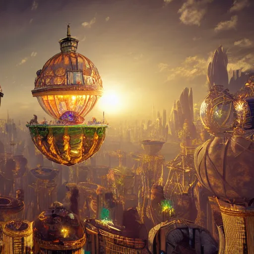 Image similar to enormous flying city in a faberge egg, sky, steampunk, fantasy art, masterpiece, unreal engine