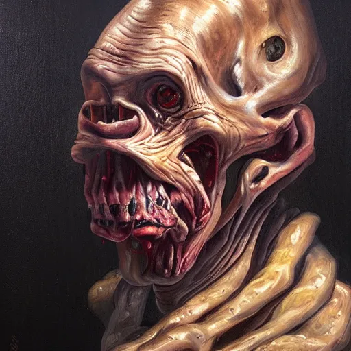 Prompt: oil painting by christian rex van minnen portrait of an extremely bizarre disturbing mutated man with intense chiaroscuro lighting perfect composition masterpiece intense emotion