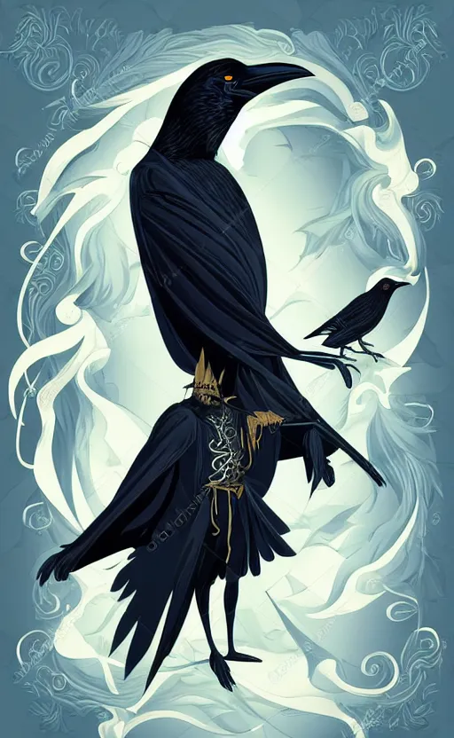 Image similar to raven headed male warlock doing wind magic, white and gold robes, exquisite details, full body character design on a white background, by studio muti