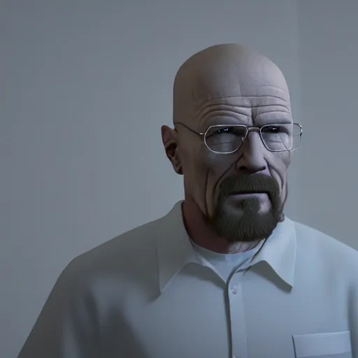 Image similar to 3 d render of scared walter white standing in a white room with no escape,